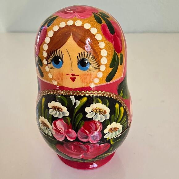 Russian Nesting Dolls Matryoshka Babushka Set of 5 Pink Gold Floral Signed Small - Picture 15 of 16